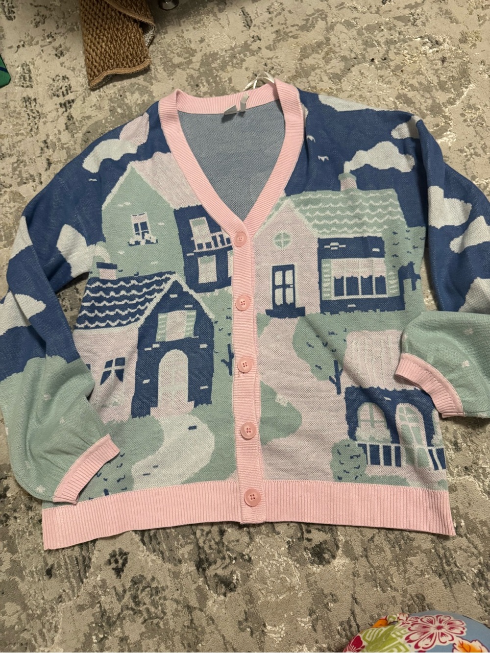 EUC TWIK Pastel Village Pattern V-Neck Cardigan Sweater - Pink Trim